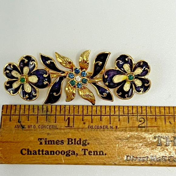 Joan Rivers Gold Tone Swarovski Crystals Enamel Navy Blue Flowers Brooch Pin - Picture 4 of 4